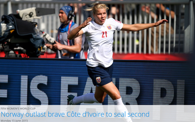 독일- 노르웨이 16강 노르웨이가 16일 열린 여자 월드컵 조별 리그 마지막 3차전에서 코트디부아르를 3-1로 제압하고 16강에 올랐다. / 국제축구연맹 홈페이지