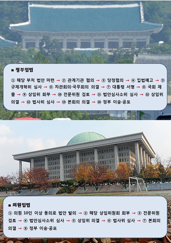 정부입법 vs 의원입법 국회는 총론격인 법률을 만들고, 행정부는 각론격인 대통령령(시행령) 등을 만들어 이 법률을 집행하는 구조다. 정부입법에 비해 의원입법은 6단계를 더 거친다./더팩트DB
