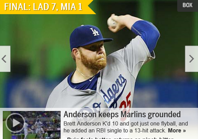다저스, 마이애미에 승 브렛 앤더슨이 호투한 LA 다저스가 27일 열린 마이애미 말린스와 원정 경기에서 7-1로 이겼다. / 다저스 홈페이지