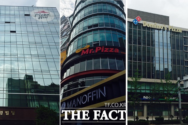빅3 프랜차이즈, 갑질 논란 속 휘청 빅3 피자 프랜차이즈 피자헛·미스터피자·도미노피자(왼쪽부터) 등이 가맹점주들에게 과도한 비용을 요구해 갑질 논란을 겪고 있는 반면, 피자 알볼로, 뽕뜨락피자 등 신생업체는 저렴한 가격과 웰빙을 앞세워 점포수를 급속도로 늘리고 있다. /김민수 기자
