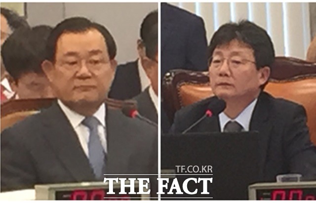 유승민-이병기 조우 유승민(오른쪽) 새누리당 원내대표와 이병기 청와대 비서실장이 마주앉았다. 3일 유 원내대표는 위원장으로서 2014 회계연도 결산 심사를 위한 국회 운영위원회를 주재했고, 이 비서실장은 업무보고 차 참석했다./국회=서민지 기자