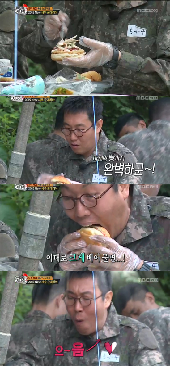 진짜 사나이2 김영철, 군대리아 폭풍 먹방 MBC 진짜 사나이2 김영철이 유격 훈련을 끝낸 뒤 군대리아를 만들어 먹고 있다. /MBC 영상 캡처