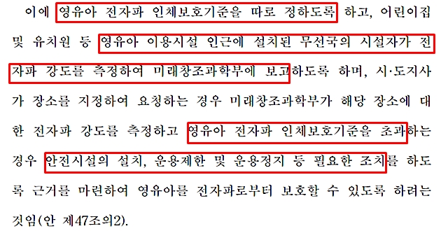 전자파 취약계층, 특별 보호 필요 장 의원은 영유아 이용시설 인근에 설치된 무선국의 시설자가 전자파 강도를 측정하고, 이에 따른 필요한 조치를 취하도록 했다./전파법 일부개정안 갈무리