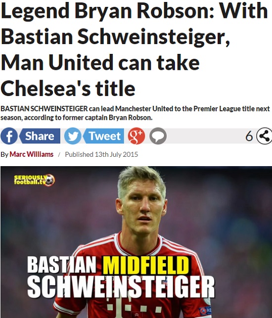 슈바인슈타이거 최고 MF! 맨유 전설 롭슨이 슈바인슈타이거 이적을 두 팔 벌려 반겼다. / 데일리 스타 홈페이지 캡처