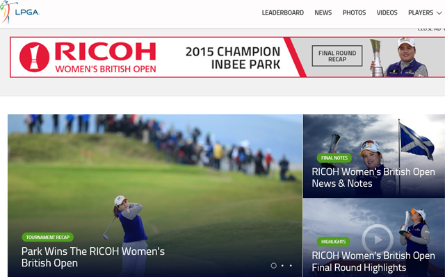 박인비, LPGA 홈페이지 메인 장식 여자프로골프 투어 홈페이지가 3일 박인비의 리코 브리티시여자오픈 우승 소식을 전하고 있다. / 미국여자프로골프 투어 홈페이지