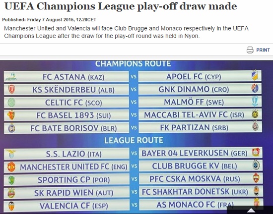 별들의 전쟁! UEFA가 7일 오후 스위스 니옹에 있는 본부에서 2015~2016시즌 UEFA 챔피언스리그 플레이오프 대진 추첨을 진행했다. / UEFA 홈페이지 캡처