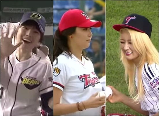 시구는 이렇게! 홍수아, 이수정, 윤보미(왼쪽부터)가 팬들의 시선을 사로잡는 시구로 눈길을 끌고 있다. / KBS, KBSN, SPOTV 방송 캡처