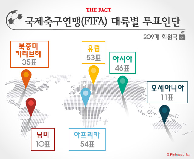 아프리카의 행방은? 국제축구연맹 투표인단 209개 가운데 아프리카가 가장 많은 표를 보유했다. / 그래픽 = 손해리 기자 arulhr@tf.co.kr