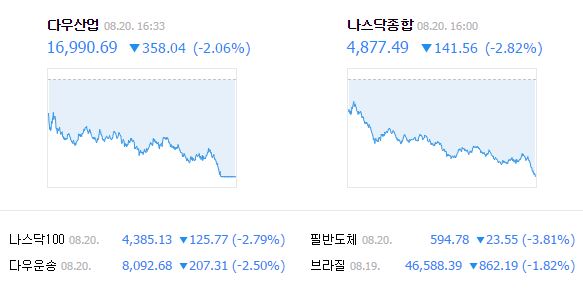 20일 다우존스 30 산업평균지수는 전장보다 2.06% 내린 1만 6990.69에 거래를 마쳤다. /네이버 캡처