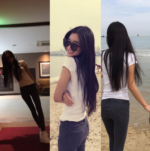 데님 팬츠와 티셔츠 만으로 연출한 데일리룩/ 서예지 인스타그램