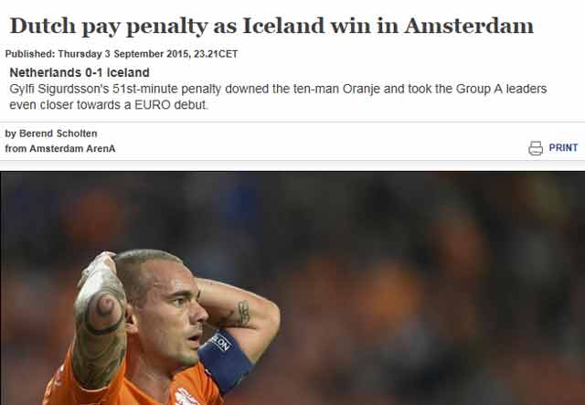 네덜란드 탈락 위기! 네덜란드가 안방에서 아이슬란드에 0-1로 패하며 유로 2016 예선 탈락 위기에 몰렸다. /유럽축구연맹 홈페이지 캡처