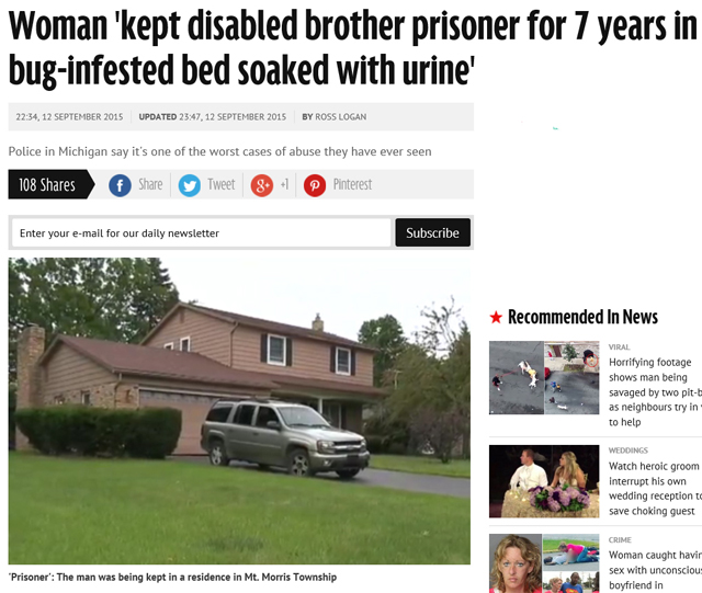 동물도 못살 환경 미국 미시간 주의 한 장애인 남성이 7년 동안 불결한 환경에 감금됐다. /미러 홈페이지 캡처