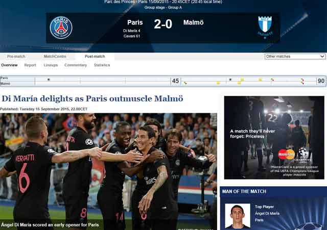 산뜻한 출발! 파리 생제르맹이 말뫼를 2-0으로 꺾으며 챔피언스리그 조별리그를 기분 좋게 출발했다. /유럽축구연맹 홈페이지