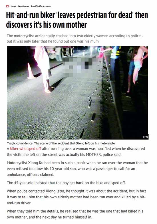 내가 친 사람이 우리 엄마예요! 45살 아들이 오토바이로 자신의 어머니를 친 후 달아나는 사건이 발생해 충격을 주고 있다./미러 홈페이지