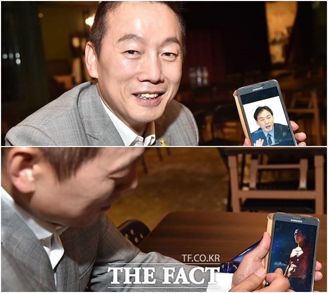 정 전 의원이 본인의 휴대전화에 저장된 사진을 보여주며 설명하고 있다. 정 전 의원은 과거 의원(위쪽) 사진과 운동으로 바뀐 사진을 보여주며 자랑하고 있다. /청담동=이새롬 기자