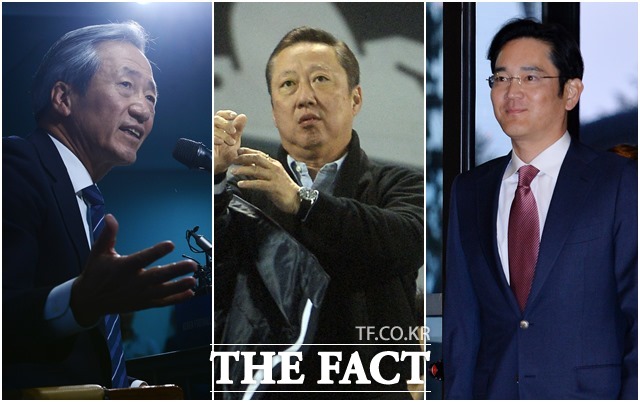 서울대 출신의 대표적인 재벌 총수로는 정몽준(왼쪽부터) 아산재단 이사장과 박용만 두산그룹 회장, 이재용 삼성전자 부회장이 있다.