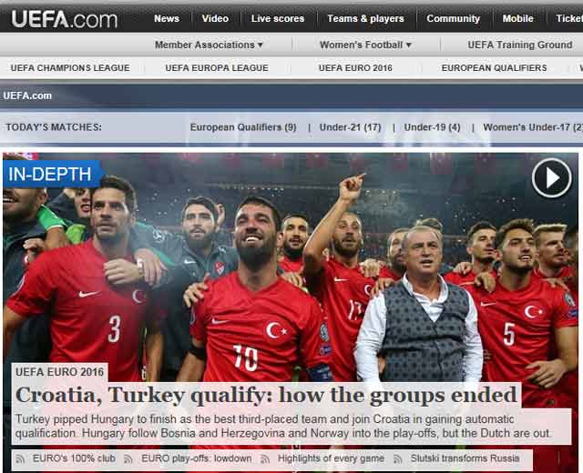 기적의 팀 터키. 터키가 아이슬란드를 물리치고 유로 2016 본선 진출에 성공했다. /유럽축구연맹 홈페이지 캡처