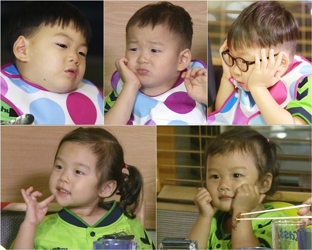 슈퍼맨 삼둥이와 비글 자매 설아 수아가 표정 대결을 펼쳤다. 다섯 명의 아이들은 깜찍한 표정을 보여줬다. /KBS2 해피선데이-슈퍼맨이 돌아왔다