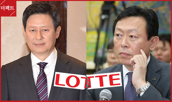 신동빈 회장(오른쪽)이 대규모 사회공헌활동을 대대적으로 홍보하고 나선 것을 두고 일각에서는 지난 7월 불거진 롯데 사태 이후 수차례의 공개사과 등을 거쳐 가까스로 수습 국면에 들어선 반 롯데 정서를 해소하기 위한 결정이라는 관측이 나온다.