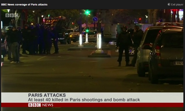 프랑스 파리 중심가에서 13일(현지시각) 총격과 폭발, 인질극 등으로 최소 35명이 사망했다고 전해졌다. /BBC 홈페이지 캡처