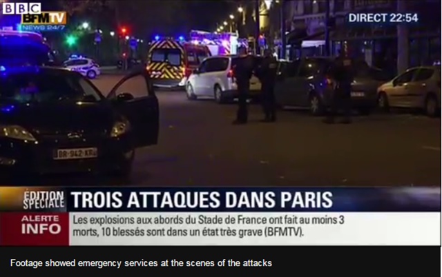프랑스 파리에서 13일(현지시각) 연쇄 테러가 발생해 최소 60명이 숨지고 100여 명이 인질로 잡혔다고 전해졌다. /BBC 홈페이지 캡처