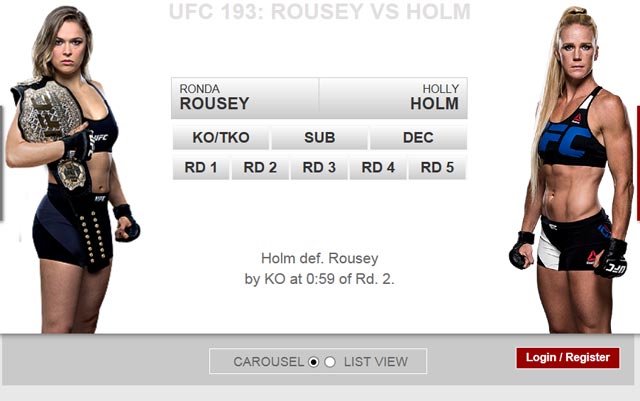 론다 로우지 충격패 론다 로우지(왼쪽)가 15일 열린 홀리홈과 UFC193 경기에서 충격적인 KO패를 당했다. / UFC 홈페이지