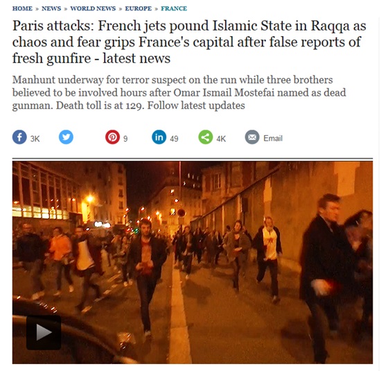 15일(현지 시각) 영국 일간 신문 텔레그래프가 프랑스 파리 테러 사건으로 사망자가 129명으로 증가했다고 보도했다. /텔레그래프 캡처