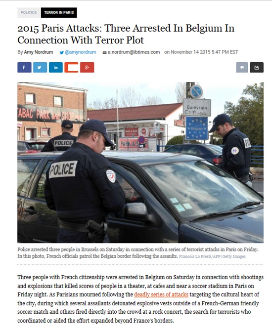 15일 인터내셔널 비즈니스 타임스(IBT)가 프랑스 연쇄 테러 중상자가 3명 추가 사망해 전체 사망자가 132명으로 늘었고, 프랑스 수사 당국이 벨기에에서 이번 테러와 관련한 3명의 용의자를 체포했다고 보도했다. /IBT 기사 캡처