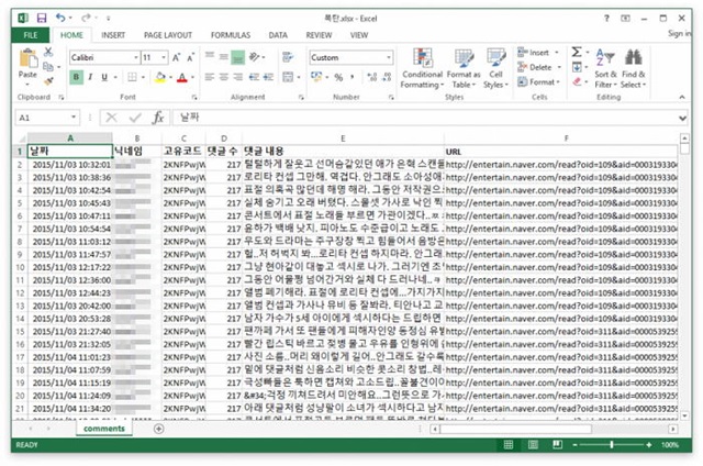 A씨가 올린 악플러 관련 엑셀파일. A씨는 이번 자료는 지난 11월부터 모아온 댓글이라고 밝혔다. /디시인사이드 아이유 갤러리 캡처