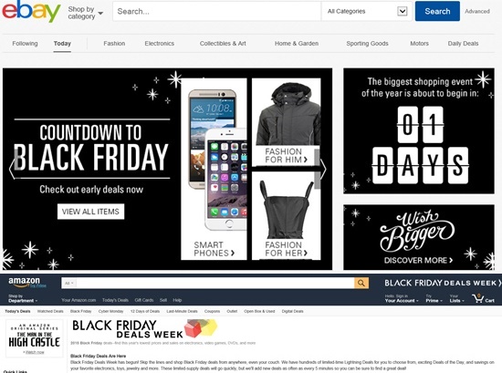 미국의 블랙프라이데이가 이틀 앞으로 다가온 가운데 세계적 온라인 쇼핑 사이트 이베이(위)와 아마존이 블랙프라이데이 준비에 한창이다. / 이베이, 아마존 홈페이지 갈무리