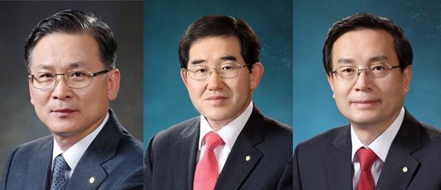 우리은행이 3명의 그룹장을 두는 그룹제 형태로 조직을 개편하면서 수석부행장을 없애고 3명의 그룹장을 선임했다. 이동건 영업지원그룹장, 남기명 국내그룹장, 손태승 글로벌그룹장(왼쪽부터) /우리은행 제공