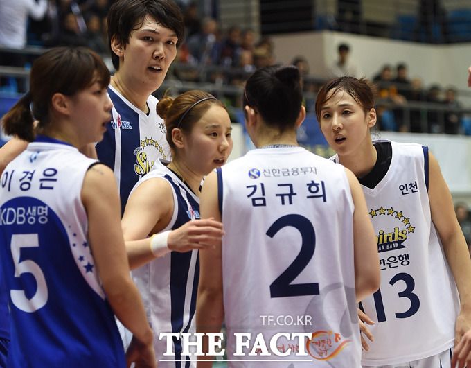 신한은행 최윤아가 경기 중 선수들과 작전을 숙의하고 있다.