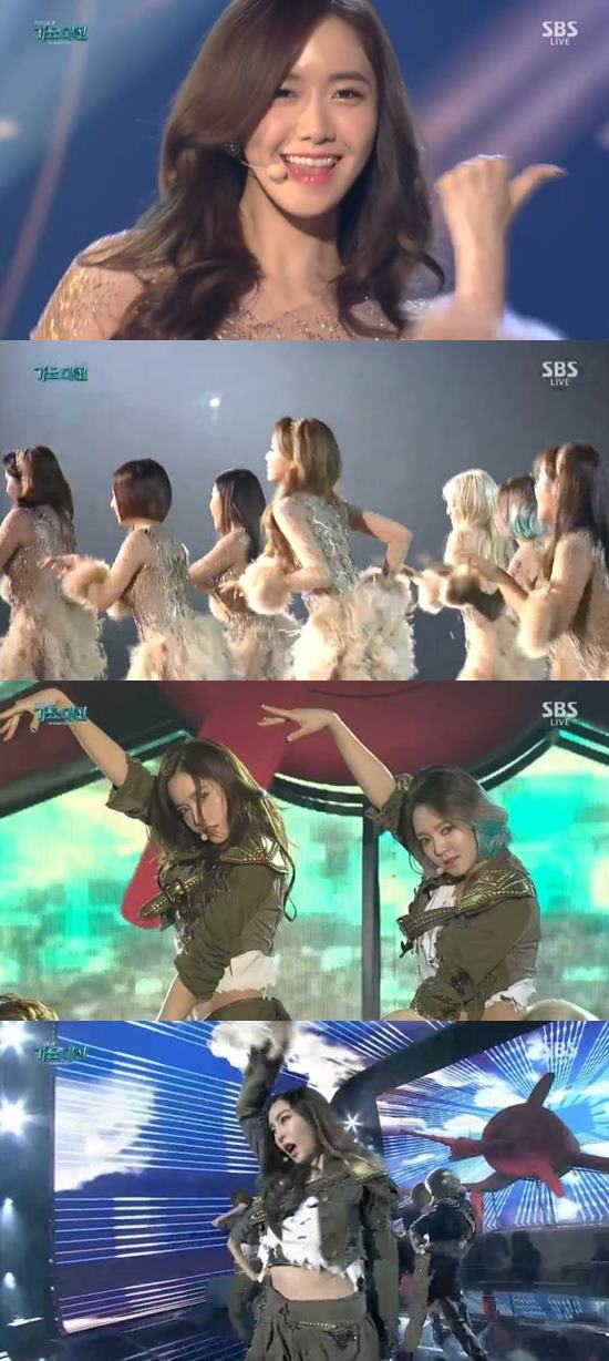 가요대전에서 열창하고 있는 소녀시대. 올해 소녀시대는 정규 5집 라이언 하트로 큰 사랑을 받았다. /SBS 방송 화면 캡처
