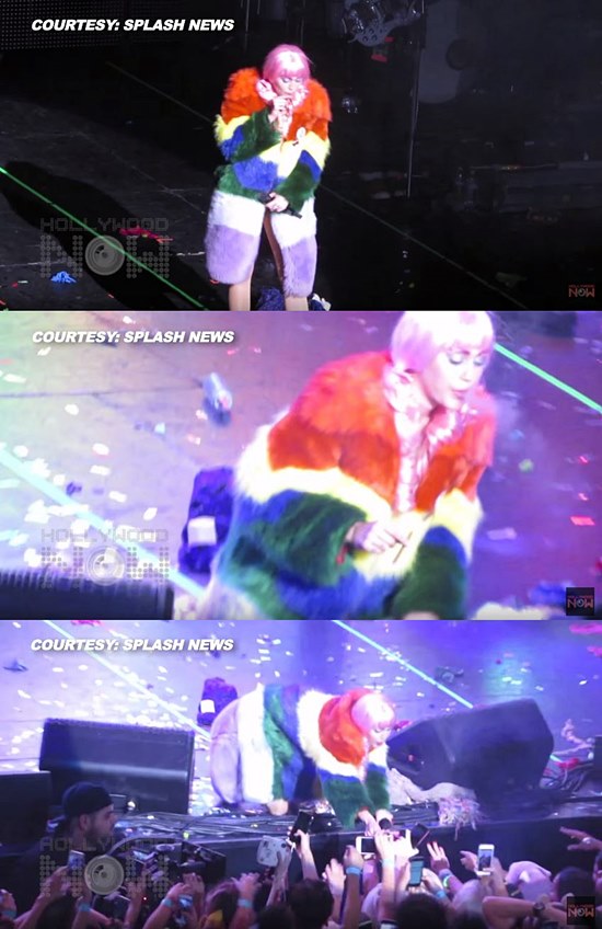 팬에게 마리화나 건네는 마일리 사이러스. 팝가수 마일리 사이러스가 관중에게 마리화나를 건넸다. / 유튜브 캡처