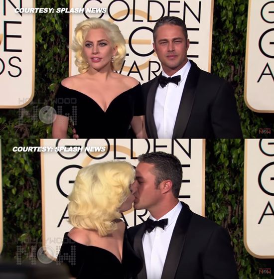 레이디 가가♥테일러 키니, 골든글로브 시상식 레드카펫서 깜짝 키스. 가수 겸 배우 레이디 가가(왼쪽)가 약혼남 테일러 키니와 변함 없는 애정을 보여줬다. / 유튜브 화면 캡처