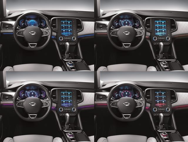 13일 르노삼성차가 SM6의 실내 디자인을 공개했다. 센터페시아 중앙의 8.7인치 대형 모니터와 다양한 조명색이 눈길을 끈다. /르노삼성차 제공