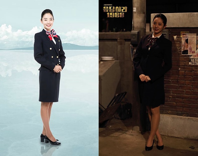 추억 불러 일으킨 혜리의 승무원 복장. 응답하라 1988 속 혜리의 승무원 복장은 같은 시기 대한항공사 승무원들의 복장과 일치해 시청자들의 추억을 불러일으켰다. /대한항공 홈페이지, tvN 응답하라 1988 페이스북