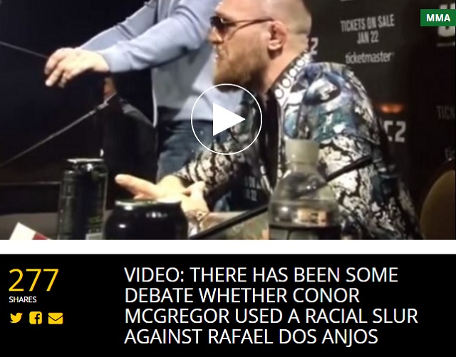Spi**, Bu* 맥그리거가 도스 안요스와 UFC 라이트급 타이틀 매치를 앞두고 가진 기자회견에서 인종 차별을 뜻하는 단어로 보이는 단어를 내뱉어 문제가 되고 있다. / 유튜브 영상 캡처