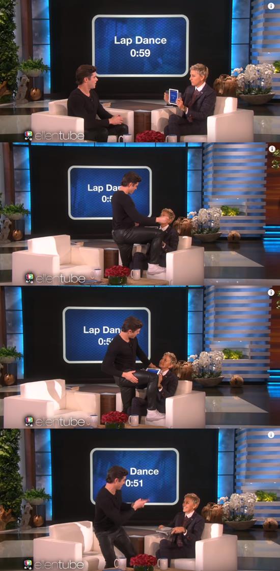 거침없는 섹시 댄스 보여준 잭 에프론. 20일 방송된 미국 NBC 예능 프로그램 엘렌 드제너러스 쇼에서 잭 에프론(왼쪽)은 엘렌 드제너러스 앞에서 과감한 섹시 댄스를 췄다. /유튜브 화면 캡처