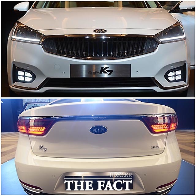 올 뉴 K7의 전면부는 혁신적인 디자인의 ‘음각 타입 세로바 라디에이터 그릴’과 낮과 밤에 모두 점등되는 ‘Z’ 형상의 독창적인 ‘LED 주간 주행등’을 통해 대담하고 차별화된 고급감을 연출했다.