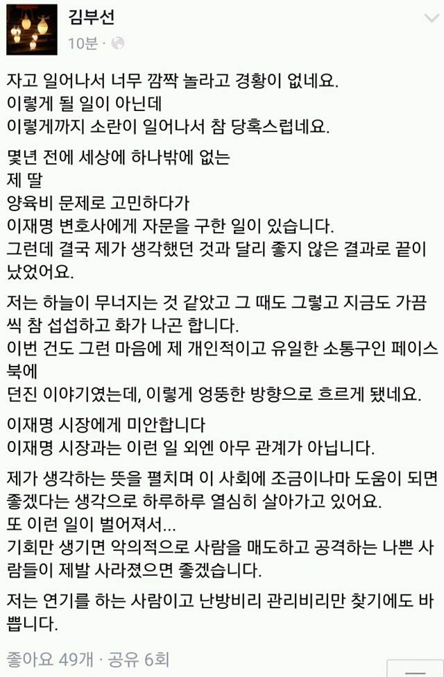 김부선 씨가 본인의 페이스북에 올린 사과글. /김부선 페이스북 갈무리