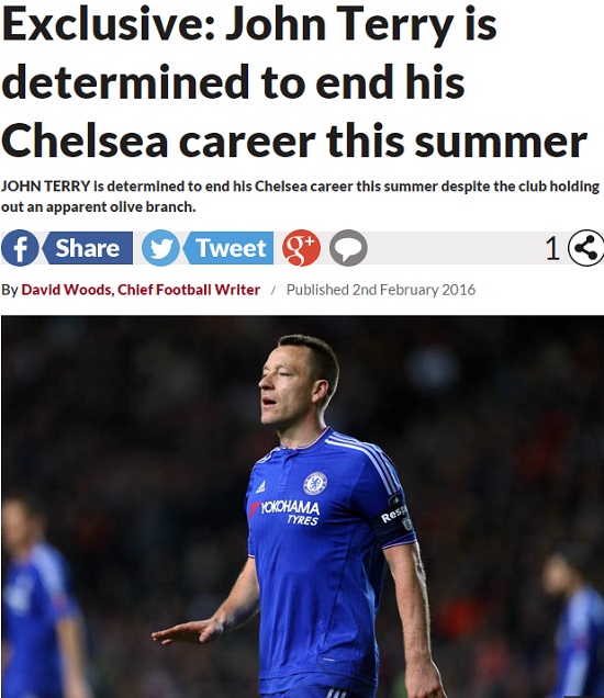 존 테리 이적 결심! 존 테리가 올 시즌을 끝으로 이적을 결심했다고 2일 데일리스타가 보도했다. / 데일리스타 홈페이지 캡처