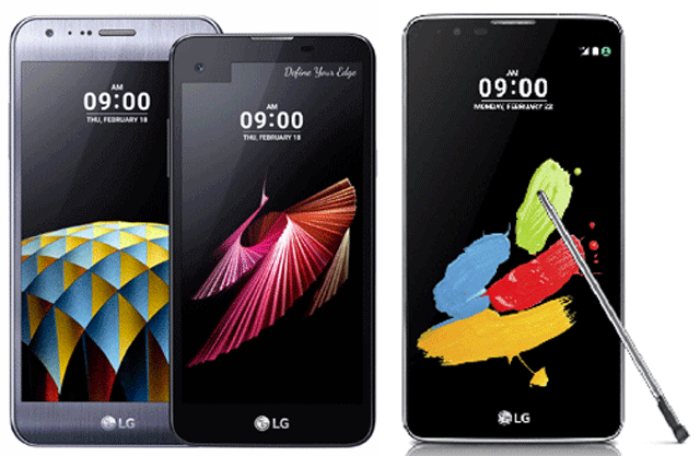 LG전자는 모바일월드콩그레스 2016에서 보급형 스마트폰 X 시리즈의 X캠(왼쪽부터)과 X스크린, 프리미엄 필기 기능을 장착한 스타일러스2를 공개할 예정이다. /LG전자 제공