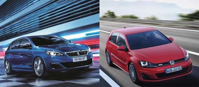 22일 수입 고성능 해치백 시장에 푸조 308GT(왼쪽)가 국내시장에 출시됐다. 308GT는 2.0 BlueHDi 엔진을 탑재해 최대 출력 180마력, 최대 토크 40.8kg·m의 힘을 발휘한다. /한불모터스, 폭스바겐코리아 제공