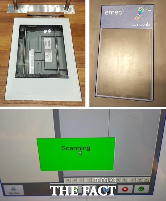 매장 내 마련된 두 대의 스캐너(위쪽)를 이용하면 발바닥 모양과 족압을 측정할 수 있으며 스크린을 통해 스캔한 내용을 확인할 수 있다.
