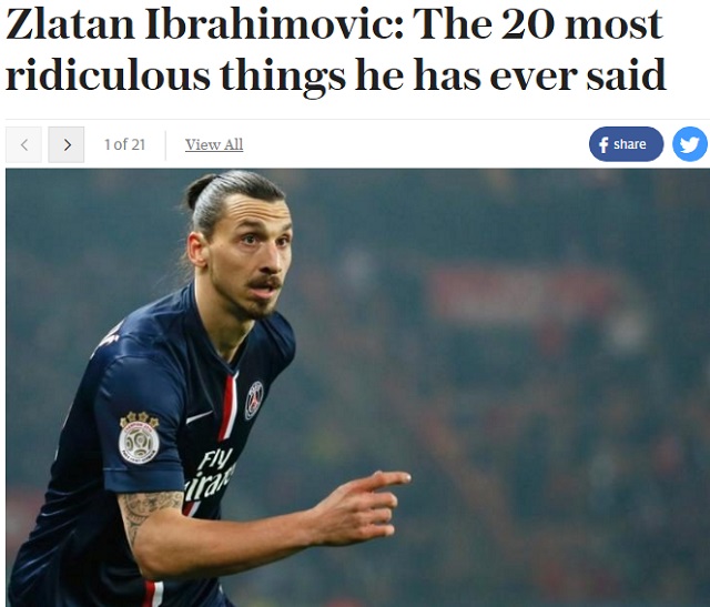즐라탄 어록! 영국 텔레그래프가 10일 즐라탄 이브라히모비치 어록 베스트20을 공개했다. / 텔레그래프 홈페이지 캡처