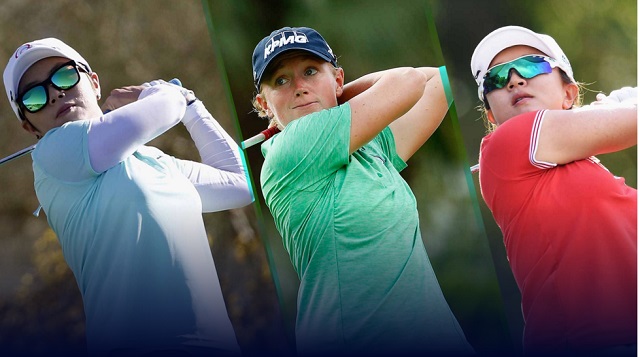 지은희 선두! 지은희(왼쪽)가 20일 열린 LPGA 투어 파운더스컵 3라운드 중간 합계 스테이시 루이스(가운데)와 김세영을 제치고 선두에 자리했다. / LPGA 홈페이지 캡처
