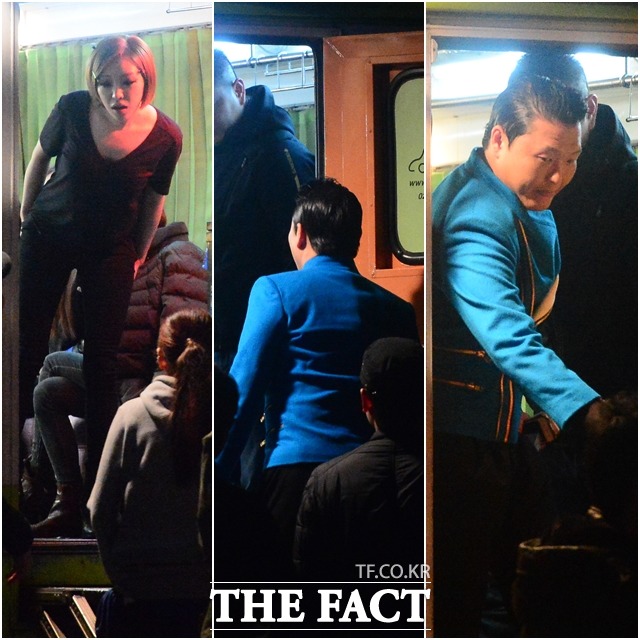 싸이가 뮤직비디오 촬영에 앞서 가인의 촬영 트레일러를 방문해 대화를 나누고 있다.