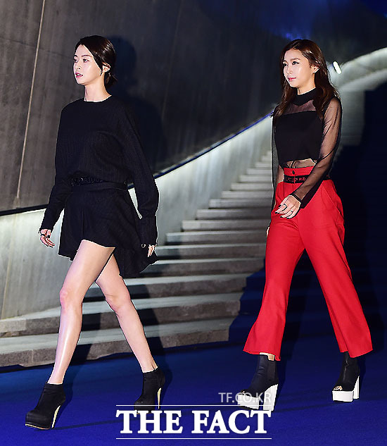 지난해 10월에 열린 2016 헤라 S/S 서울패션위크에서 걸그룹 헬로비너스의 멤버 나라(왼쪽)와 유영이 자렛 콜렉션에 참석해 포즈를 취하고 있다./배정한 기자