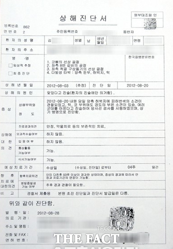 고소인 김 씨의 피해 내용이 적혀 있는 상해 진단서.
